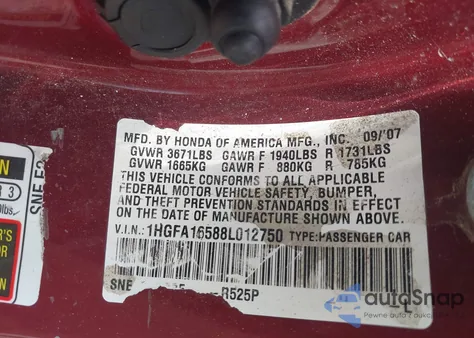 2008 Honda Civic Lx из США, поврежденный, VIN 1HGFA16588L012750